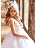 Beaded White Lace Tulle V Back Romantic Flower Girl Dress